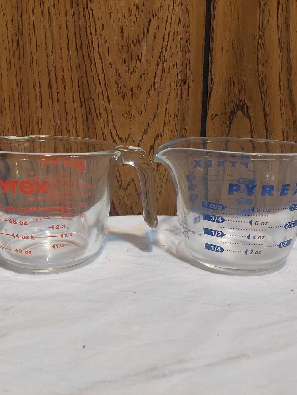 Pyrex Two Clear Glass Measuring Cups with Red and Blue Lettering Vintage 1 Cup